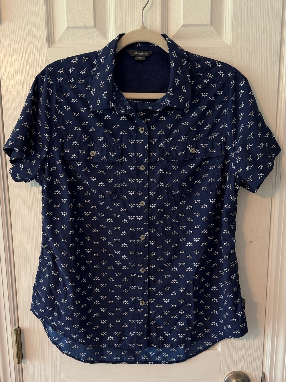 Eddie Bauer Navy Blue Short-Sleeve Adventure Shirt with White Print